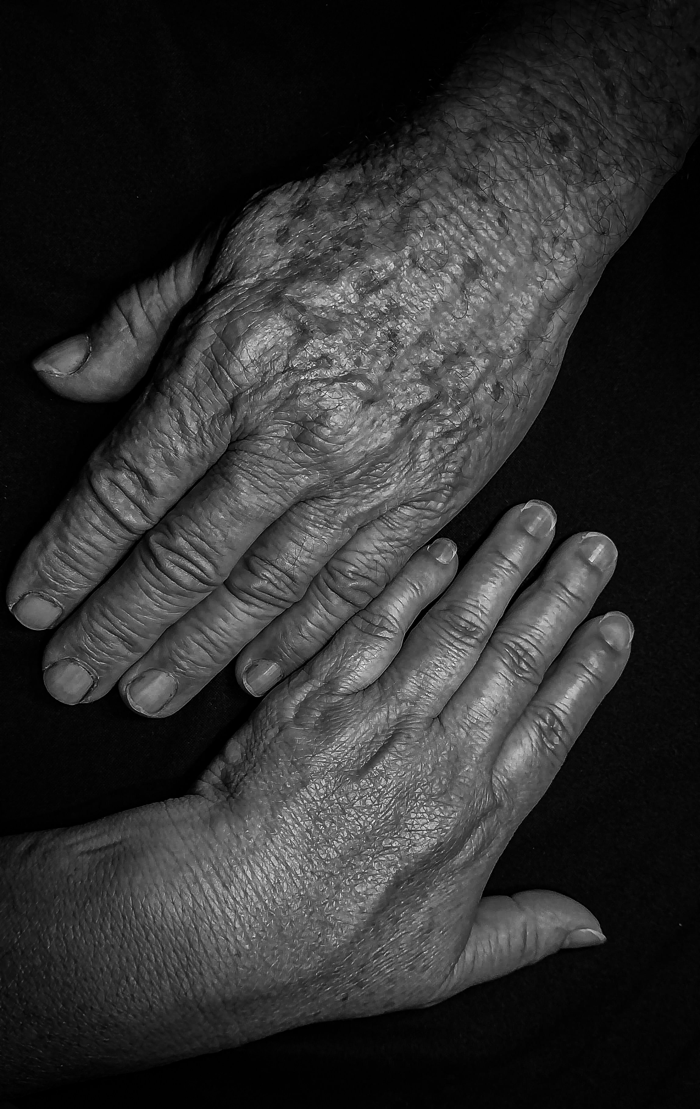 Two pairs of weathered hands resting in soft light.