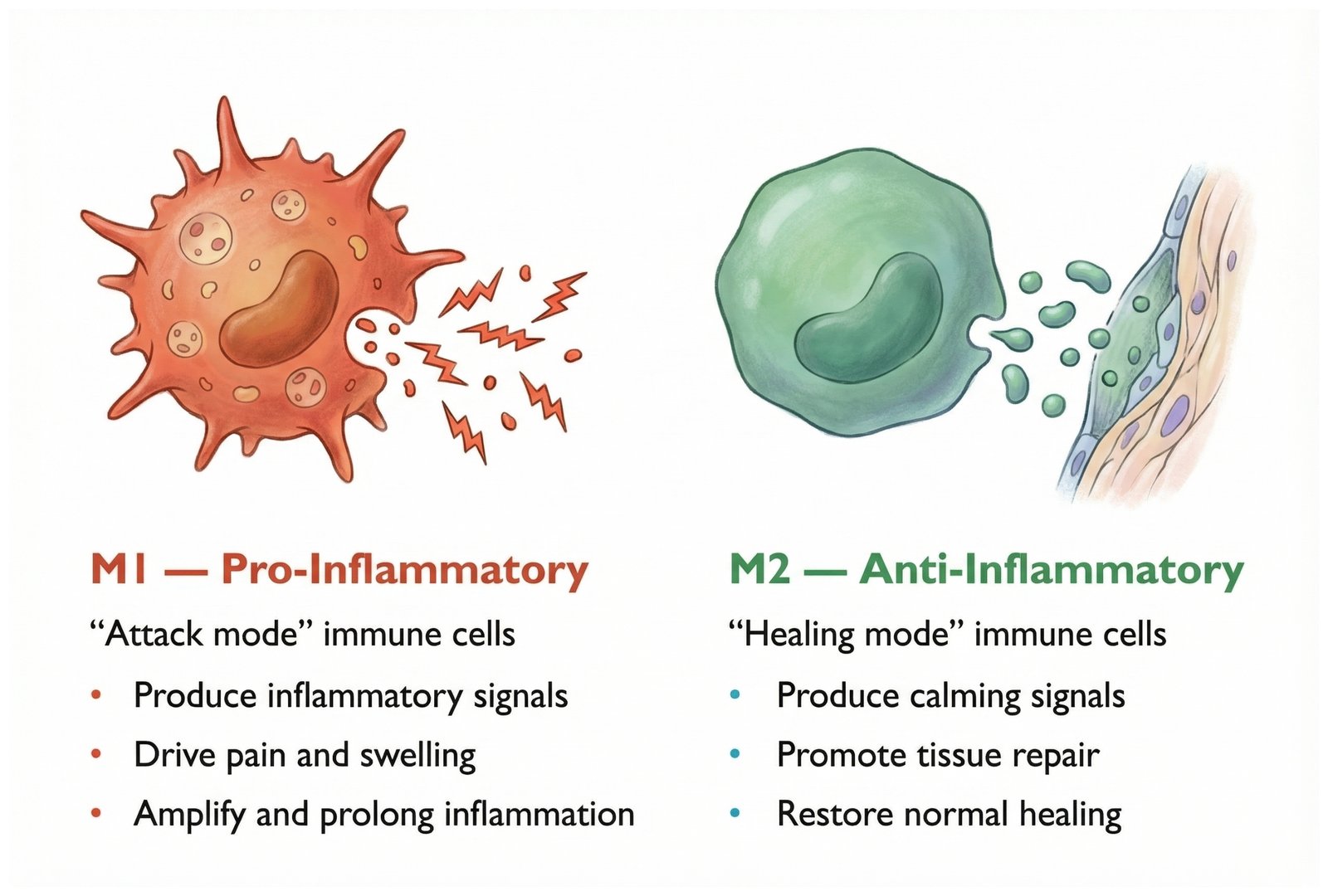 Side-by-side illustration of M1 (pro-inflammatory) and M2 (anti-inflammatory) immune cells with their characteristic signals.