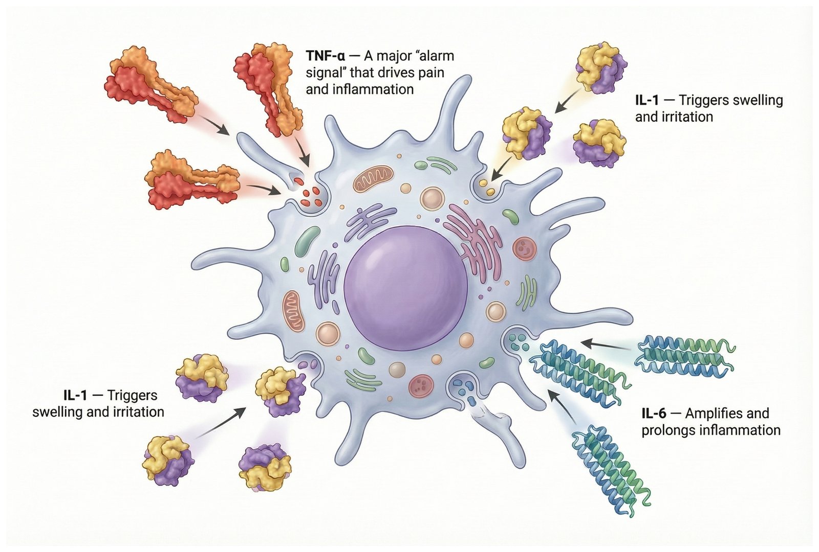 An M1 immune cell releasing inflammatory cytokines TNF-α, IL-1, and IL-6.