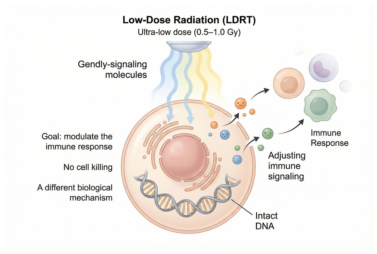Low-Dose Radiation Therapy at 0.5–1.0 Gy: gently signals the cell rather than destroying it. DNA stays intact.